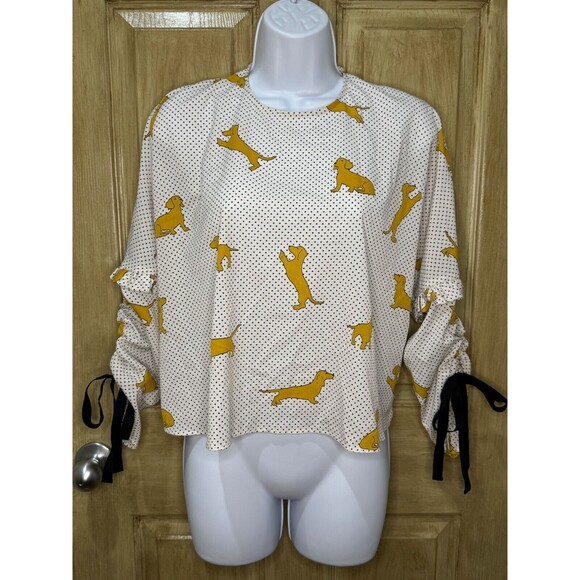 Zara Dachshund Dog Polka Dot Print Top Blouse Novelty Size Medium - Picture 1 of 6